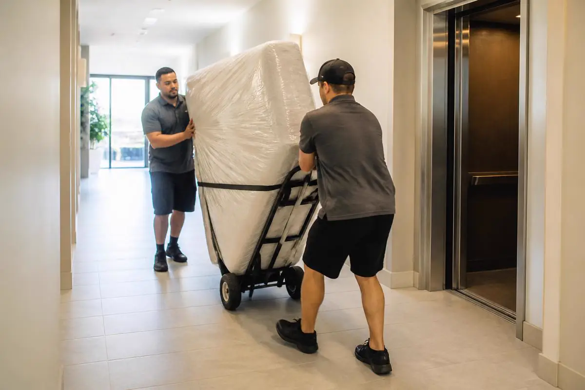 Movers wheeling a wrapped mattress toward the elevator in a condo building