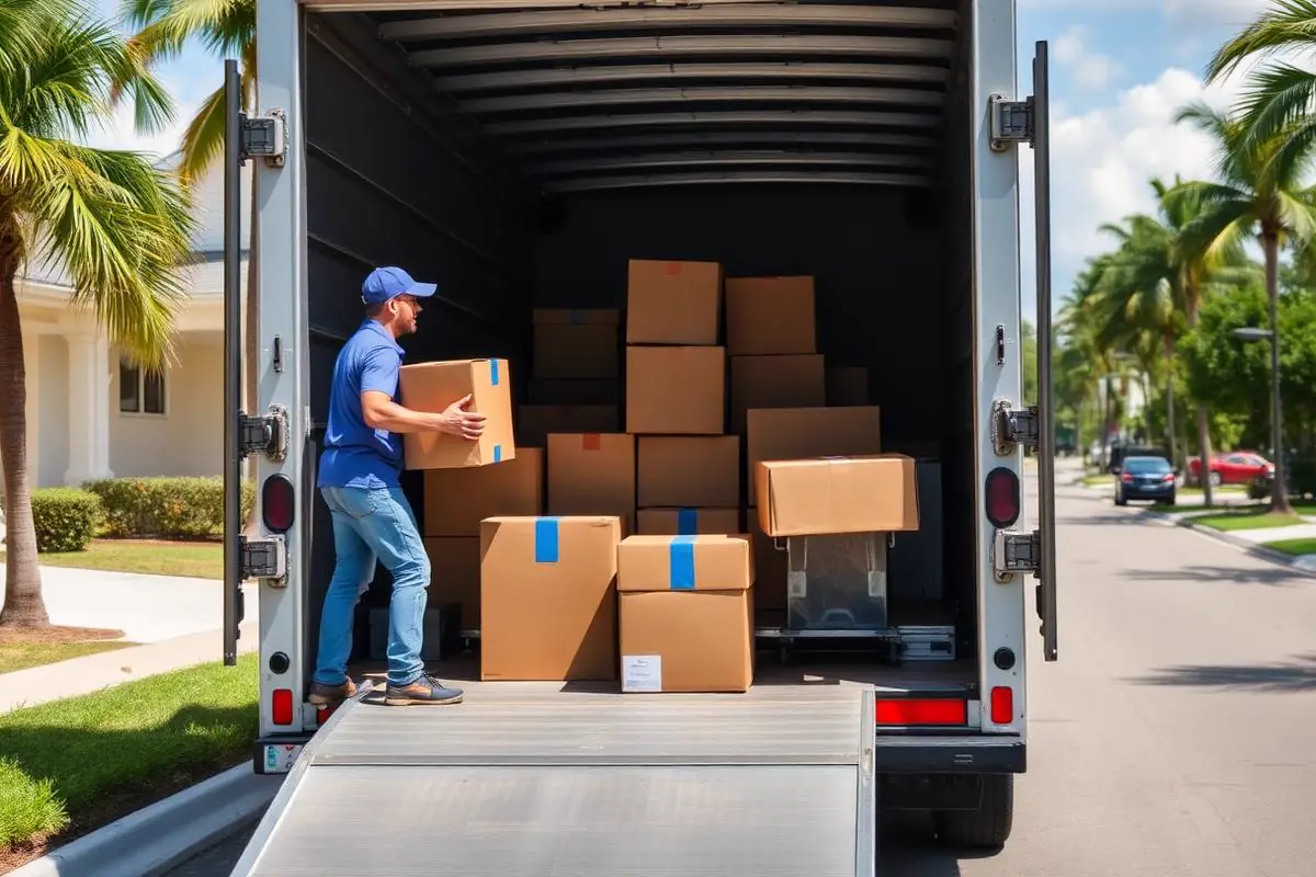 Mover loading boxes into a rental moving truck using the ramp