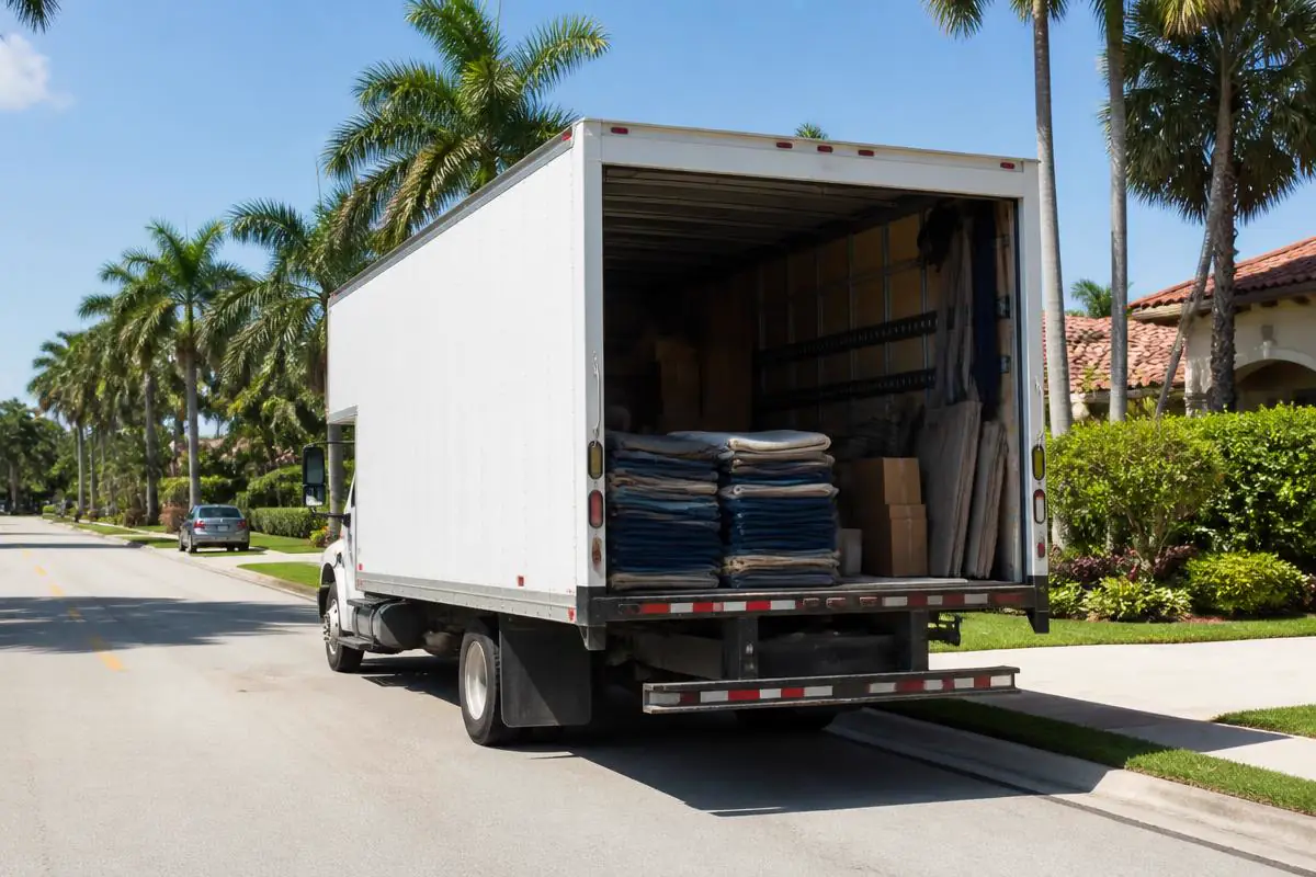 Loaded white moving truck parked on a palm-lined South Florida street